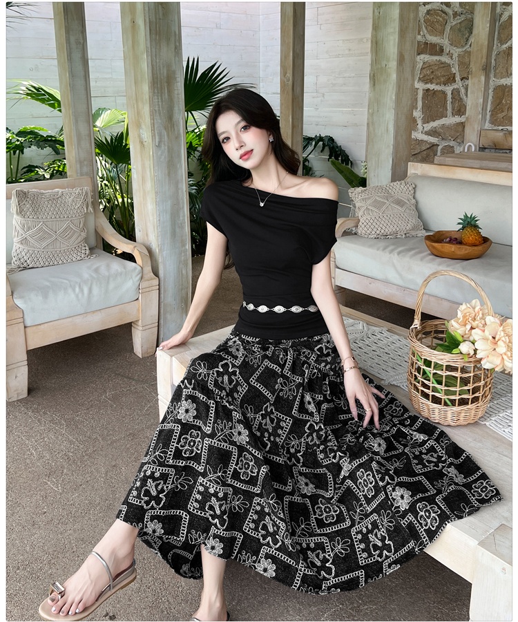 Horizontal collar long skirt sloping shoulder skirt 2pcs set