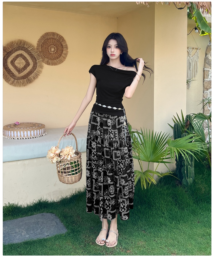 Horizontal collar long skirt sloping shoulder skirt 2pcs set
