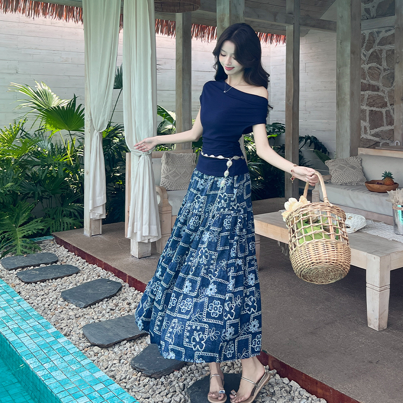Horizontal collar long skirt sloping shoulder skirt 2pcs set