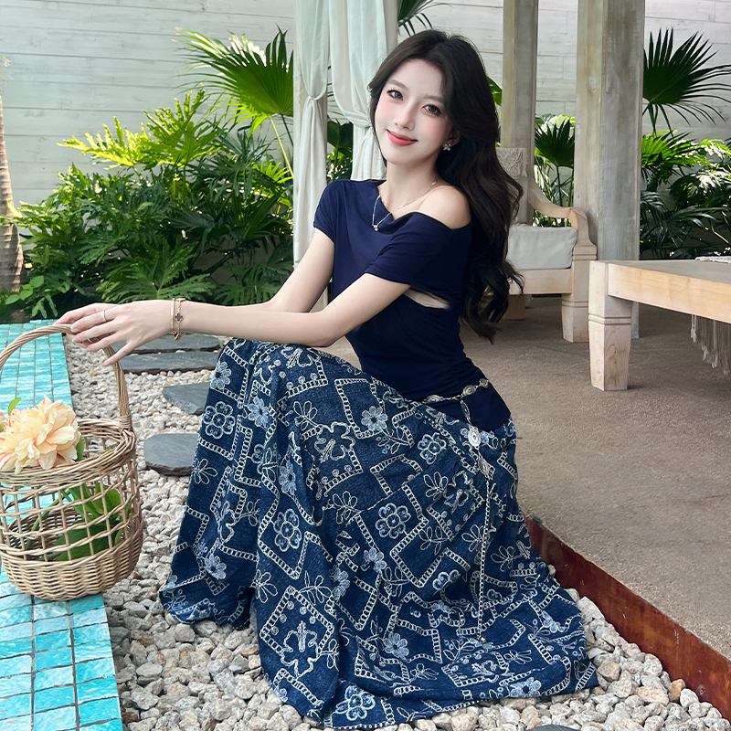 Horizontal collar long skirt sloping shoulder skirt 2pcs set