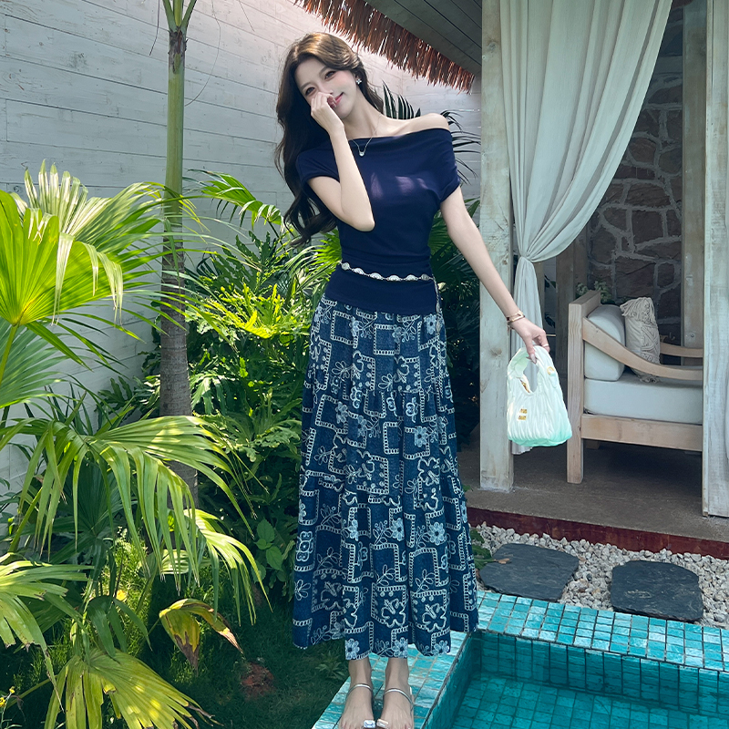 Horizontal collar long skirt sloping shoulder skirt 2pcs set