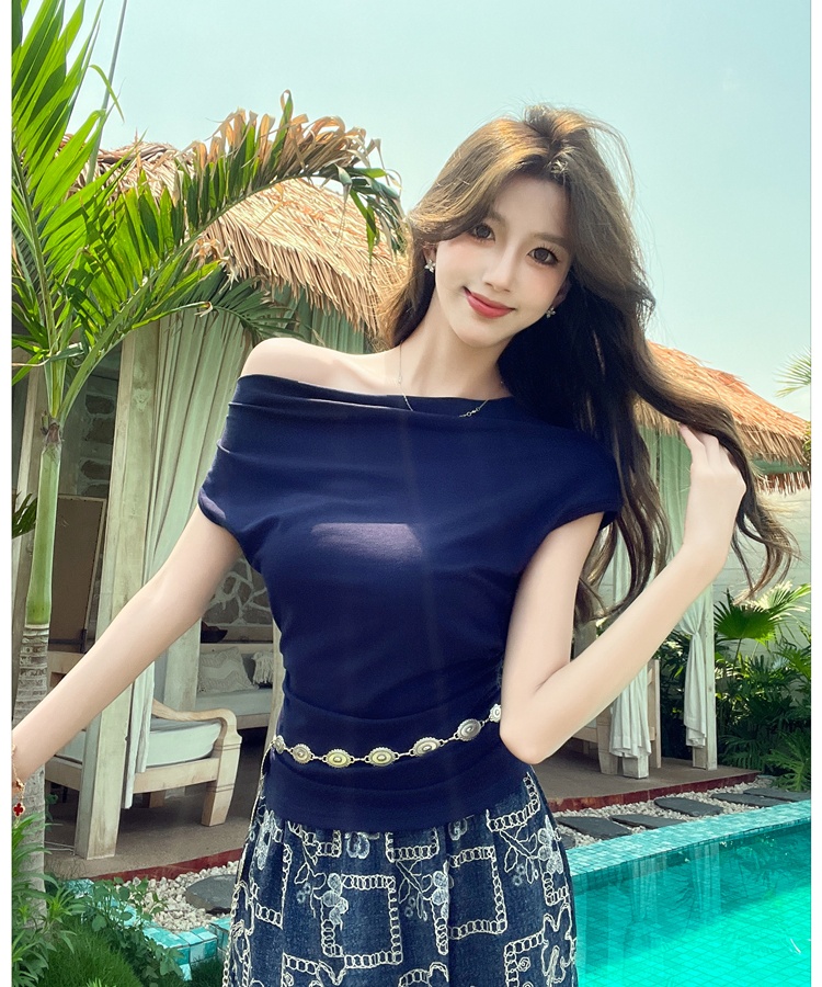 Horizontal collar long skirt sloping shoulder skirt 2pcs set