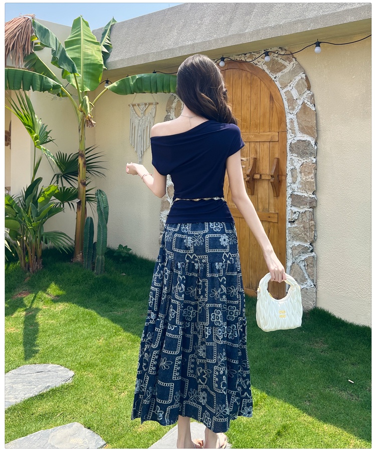 Horizontal collar long skirt sloping shoulder skirt 2pcs set
