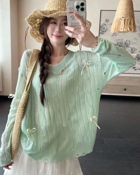 Green hollow loose thin smock summer bow lazy tops