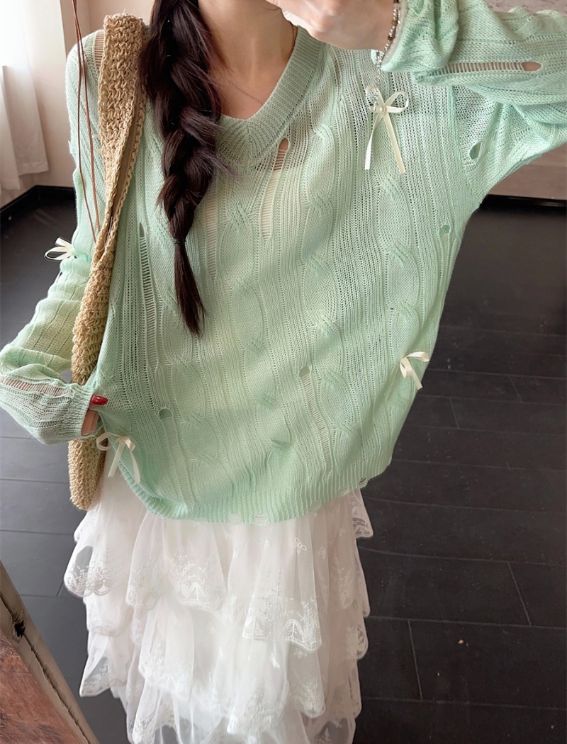 Green hollow loose thin smock summer bow lazy tops