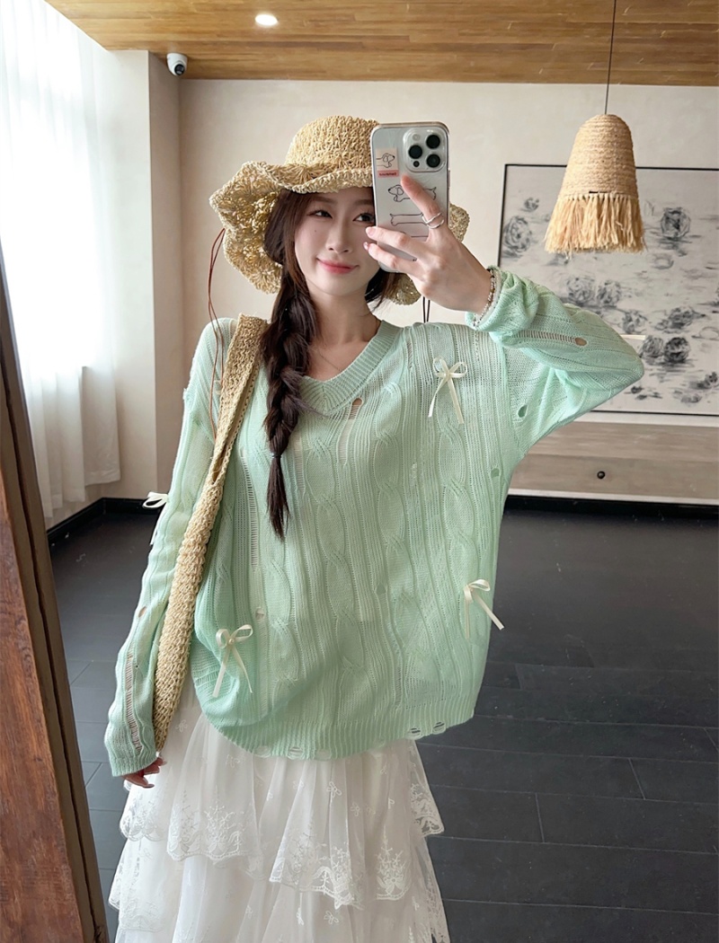 Green hollow loose thin smock summer bow lazy tops