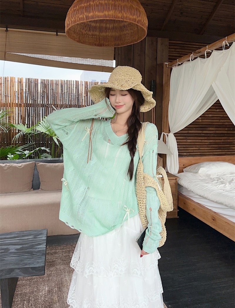 Green hollow loose thin smock summer bow lazy tops