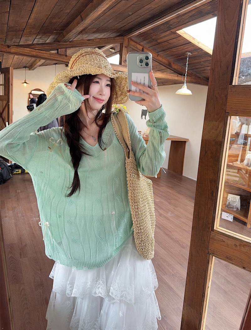 Green hollow loose thin smock summer bow lazy tops