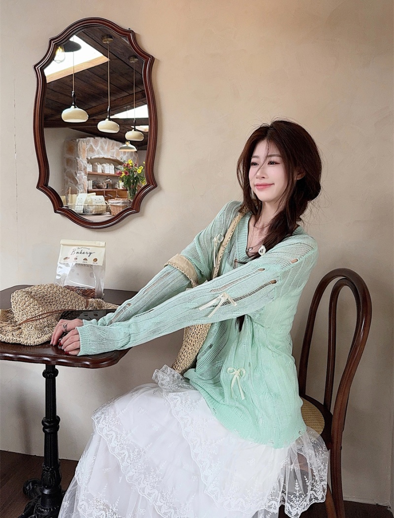 Green hollow loose thin smock summer bow lazy tops