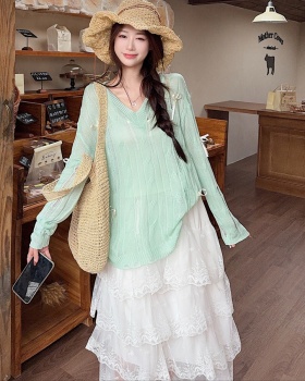 Loose summer thin smock bow green hollow skirt a set