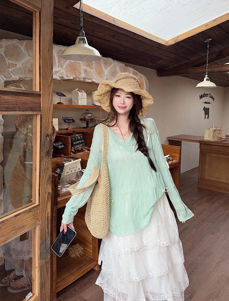 Loose summer thin smock bow green hollow skirt a set