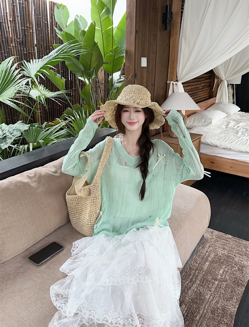 Loose summer thin smock bow green hollow skirt a set