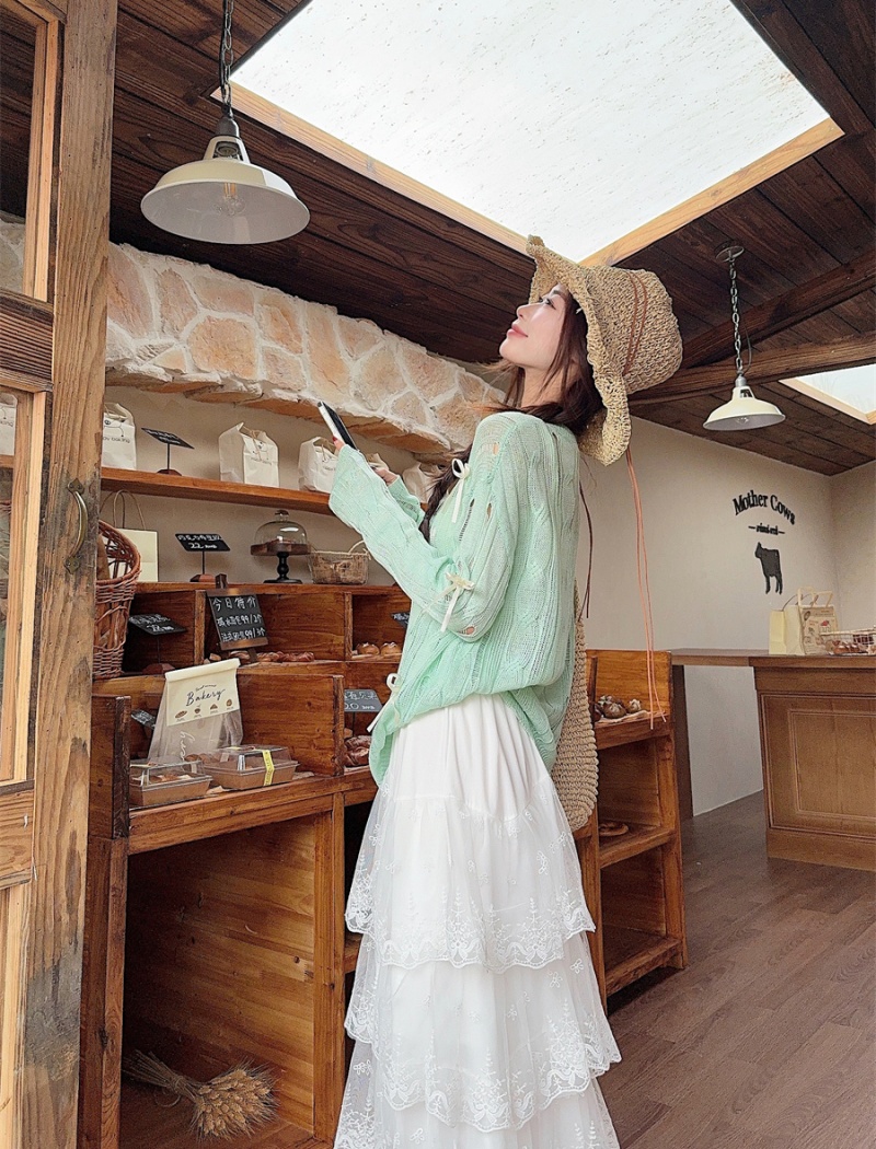Loose summer thin smock bow green hollow skirt a set