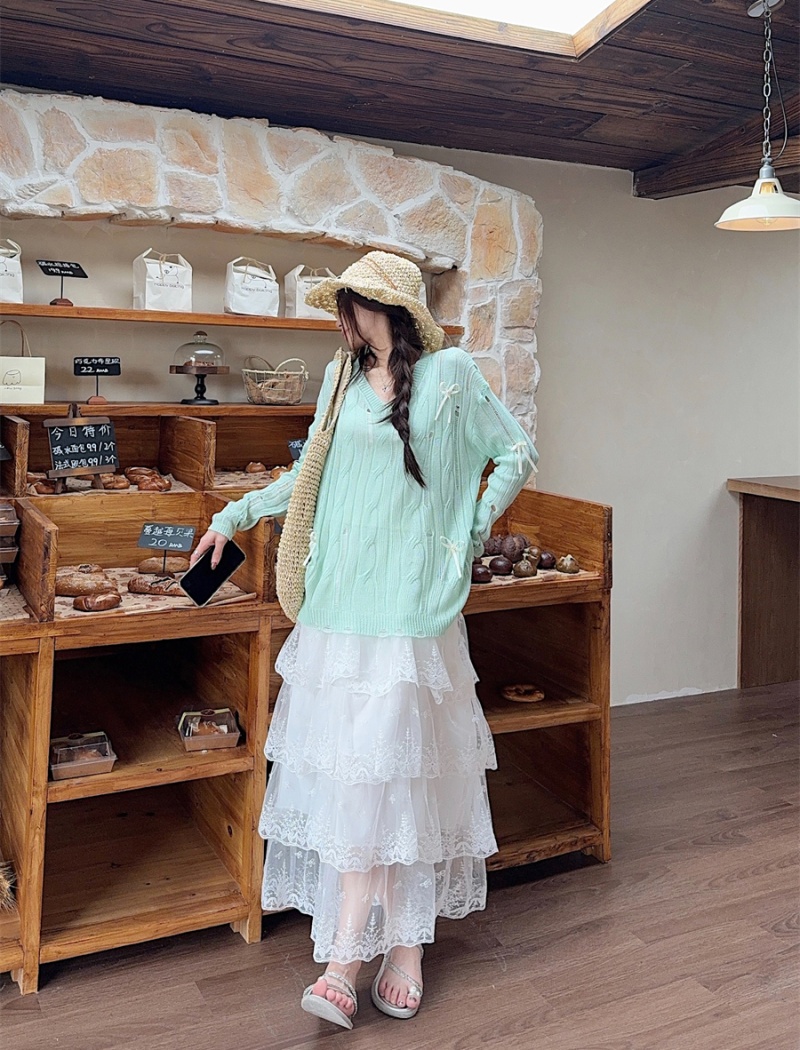 Loose summer thin smock bow green hollow skirt a set