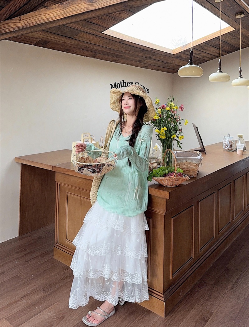 Loose summer thin smock bow green hollow skirt a set