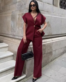 European style straight pants a buckle tops a set for women