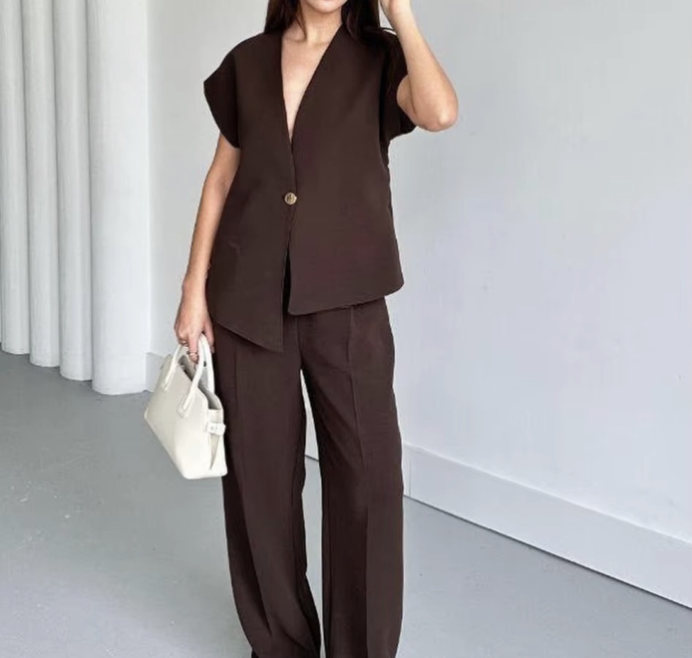 European style straight pants a buckle tops a set for women