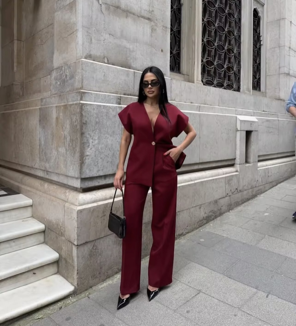 European style straight pants a buckle tops a set for women