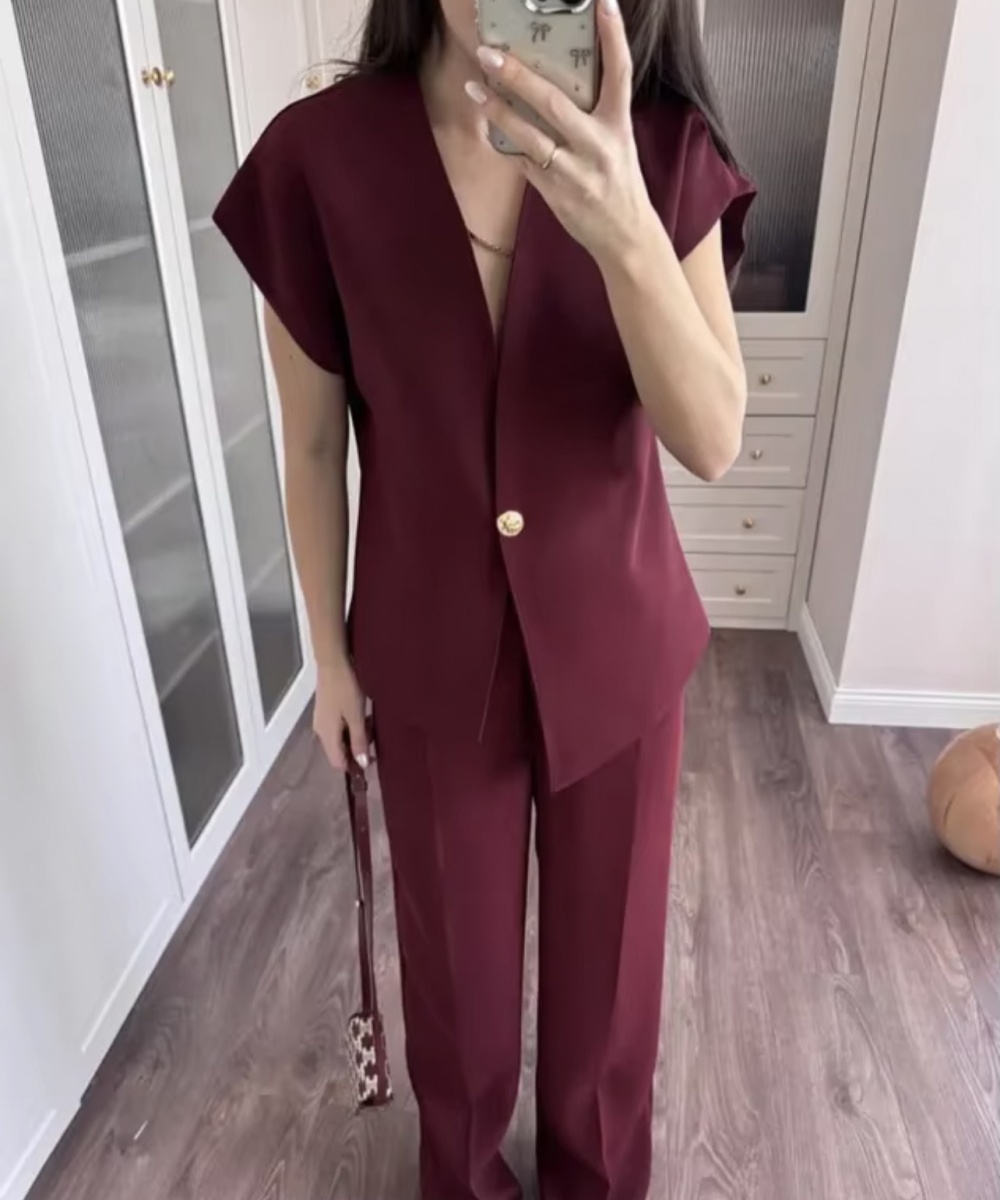 European style straight pants a buckle tops a set for women