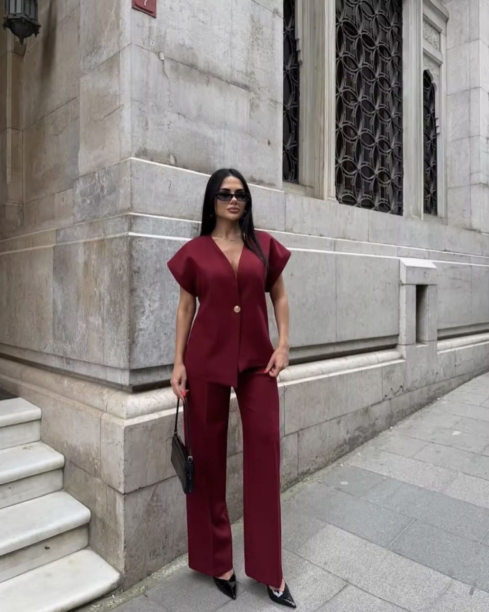 European style straight pants a buckle tops a set for women