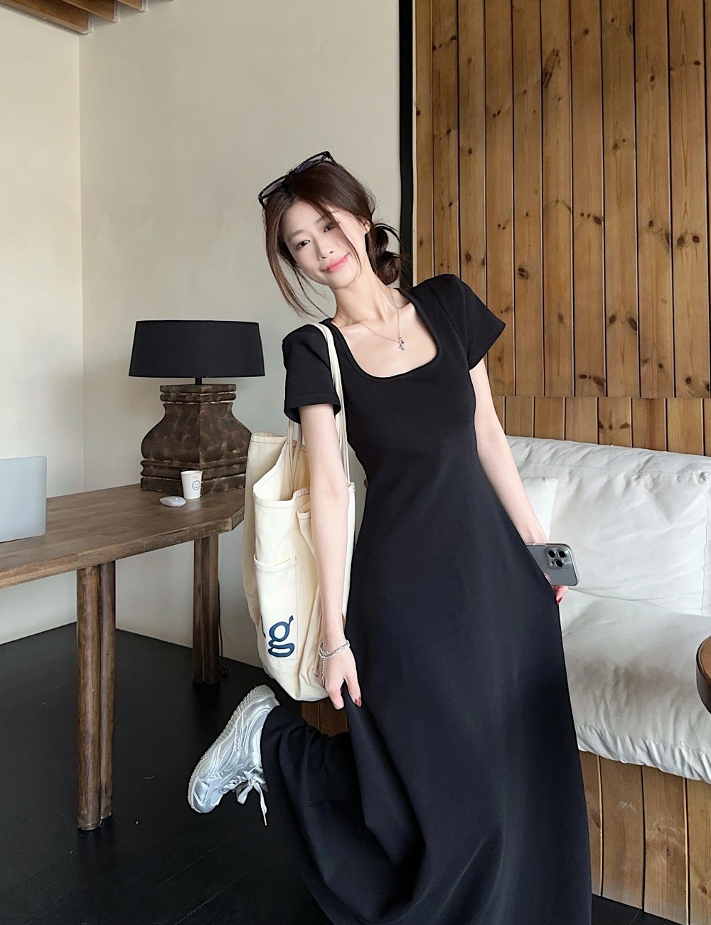 Summer pinched waist temperament long dress slim black dress