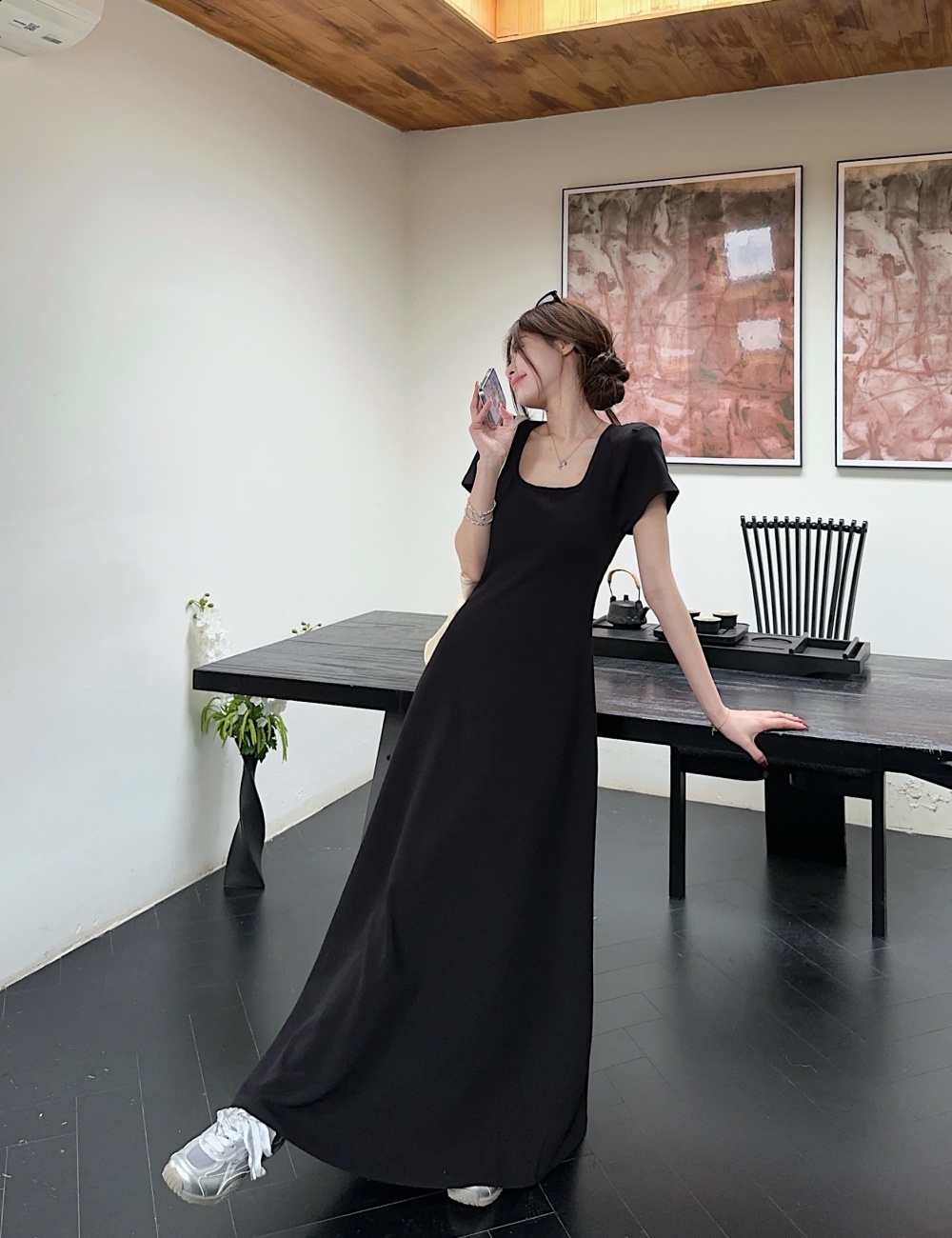 Summer pinched waist temperament long dress slim black dress