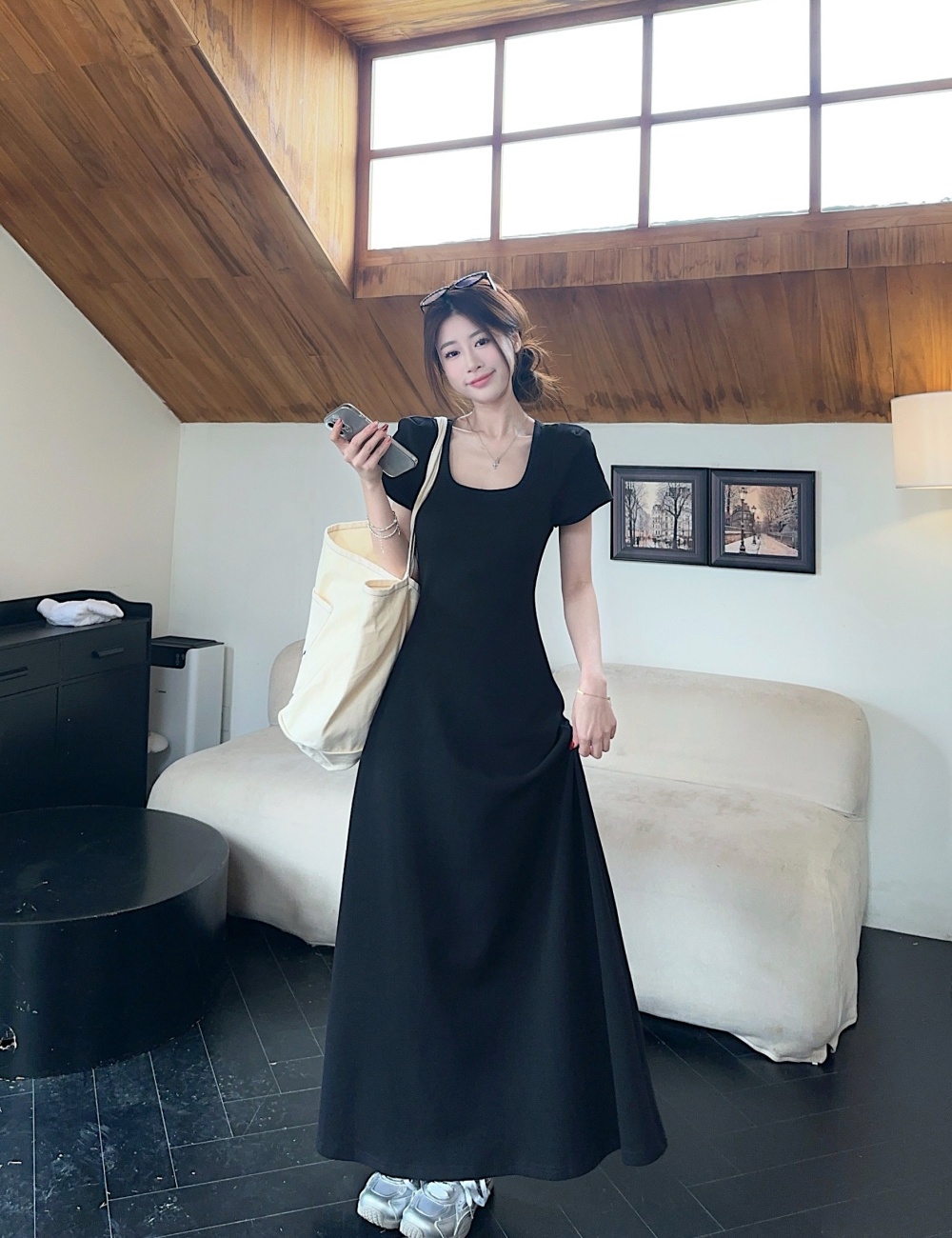 Summer pinched waist temperament long dress slim black dress