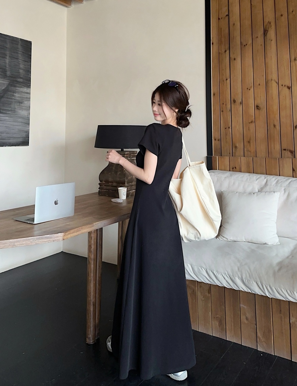 Summer pinched waist temperament long dress slim black dress