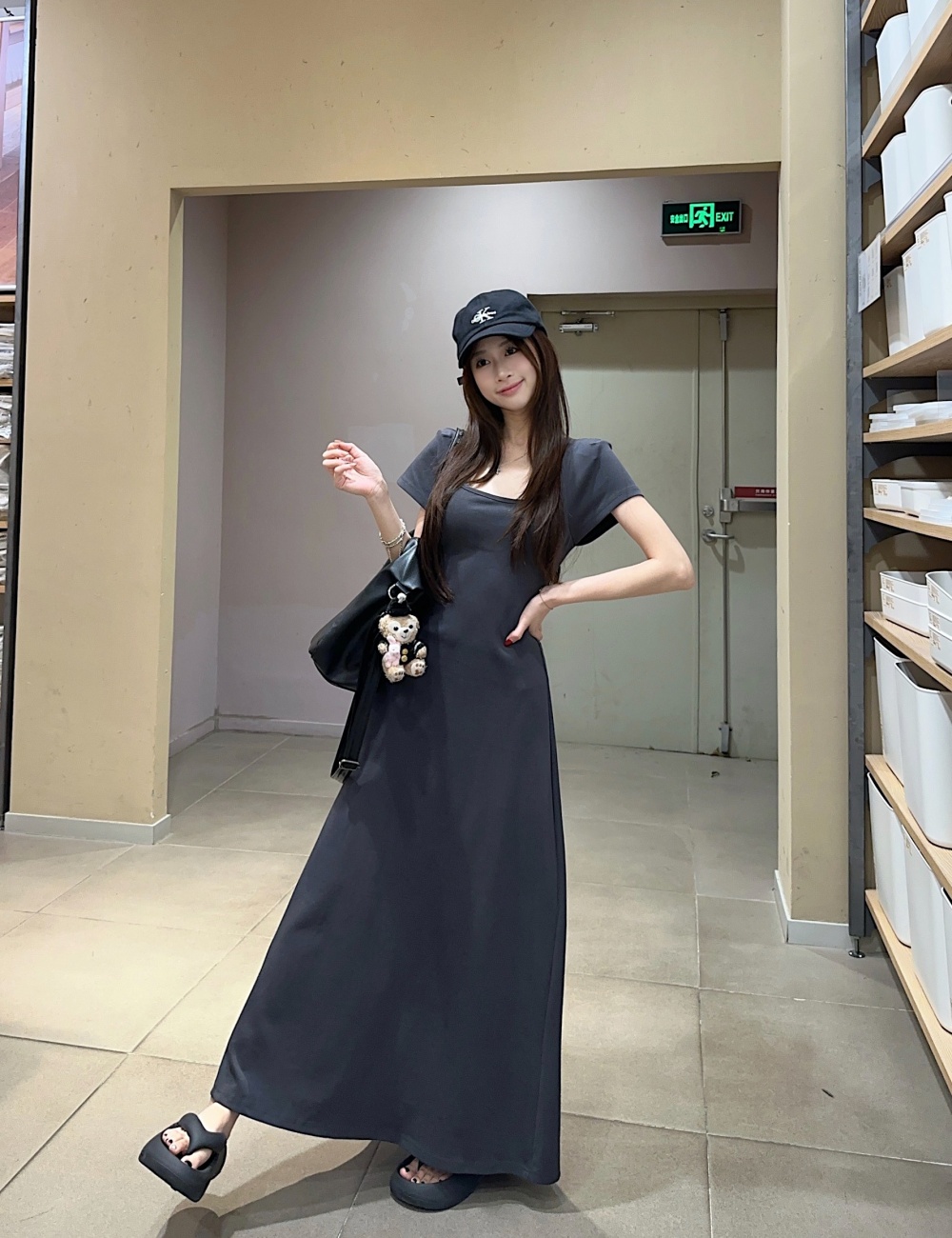 Summer pinched waist temperament long dress slim black dress