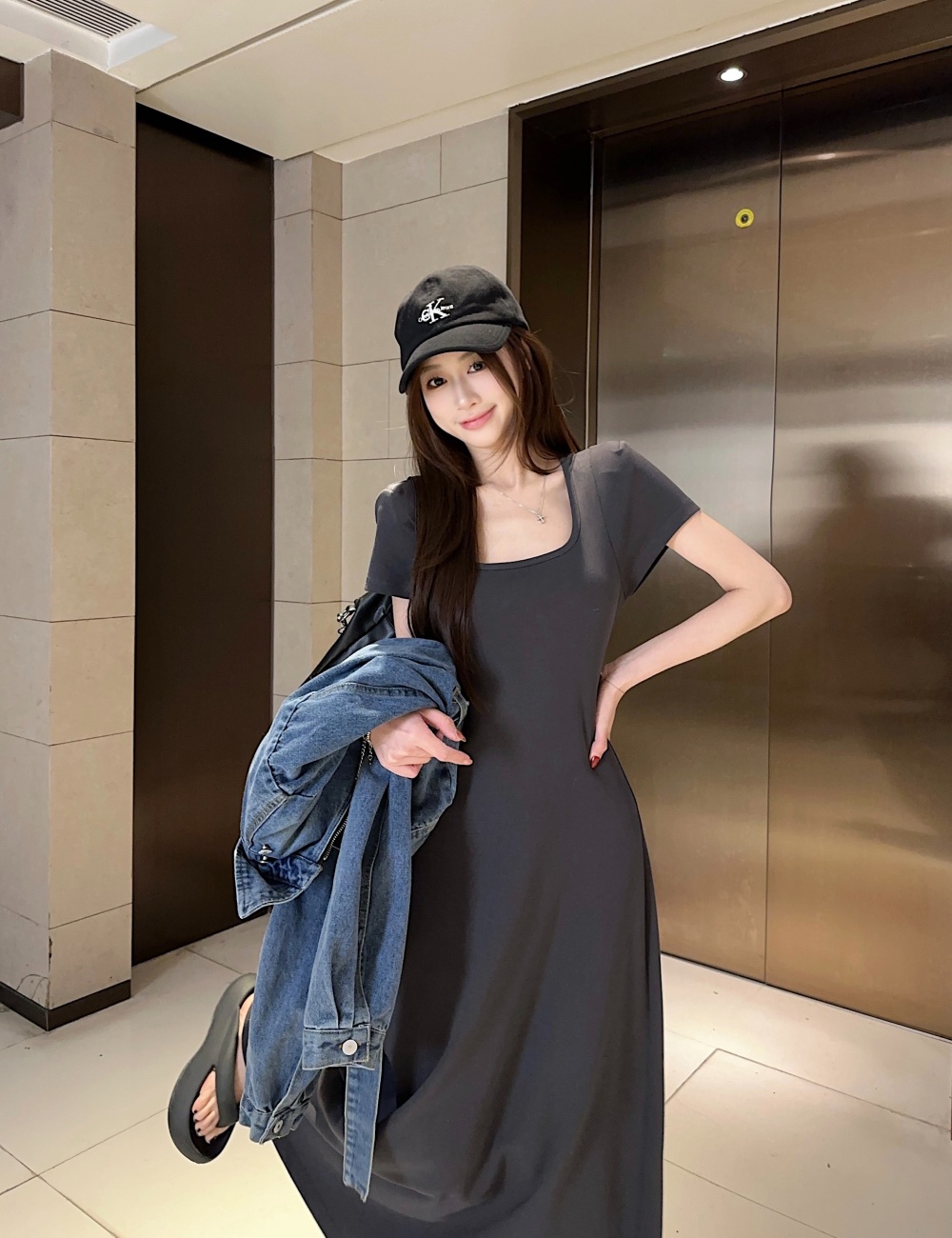 Summer pinched waist temperament long dress slim black dress