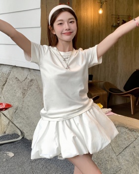 Round neck summer T-shirt slim white bud skirt 2pcs set