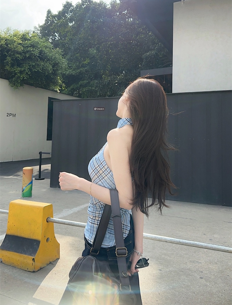 Halter spring and summer plaid vest wears outside blue tops