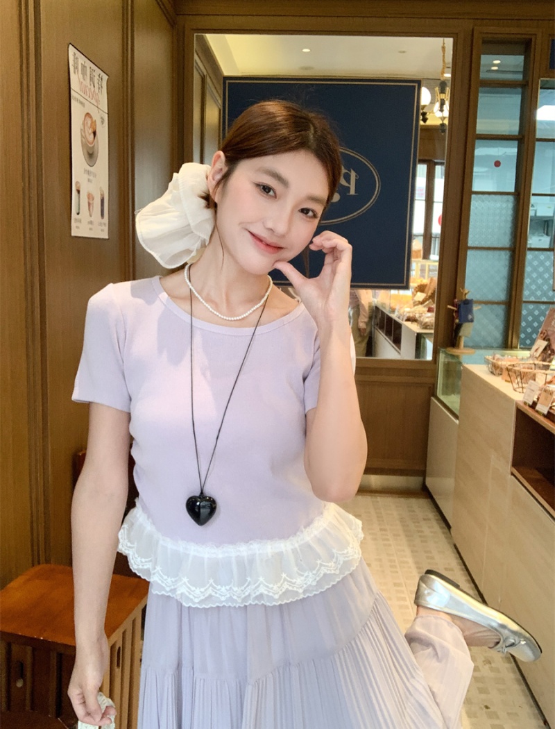 Splice niche lace skirt short sleeve purple T-shirt