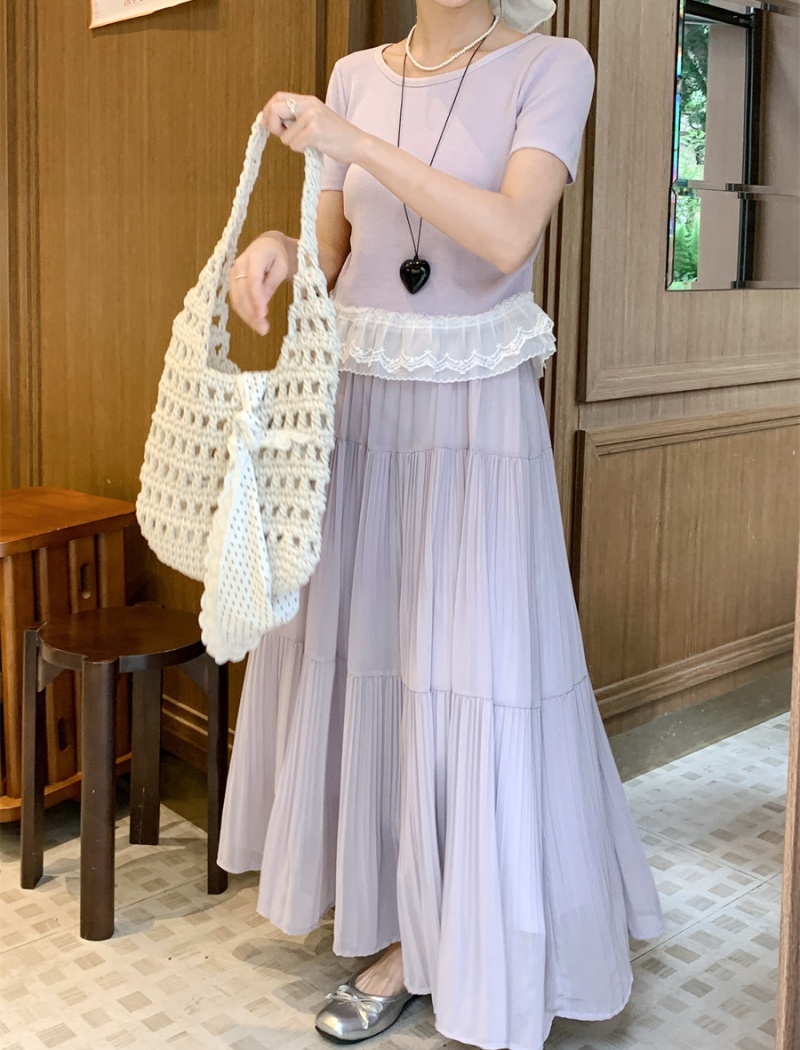Splice niche lace skirt short sleeve purple T-shirt
