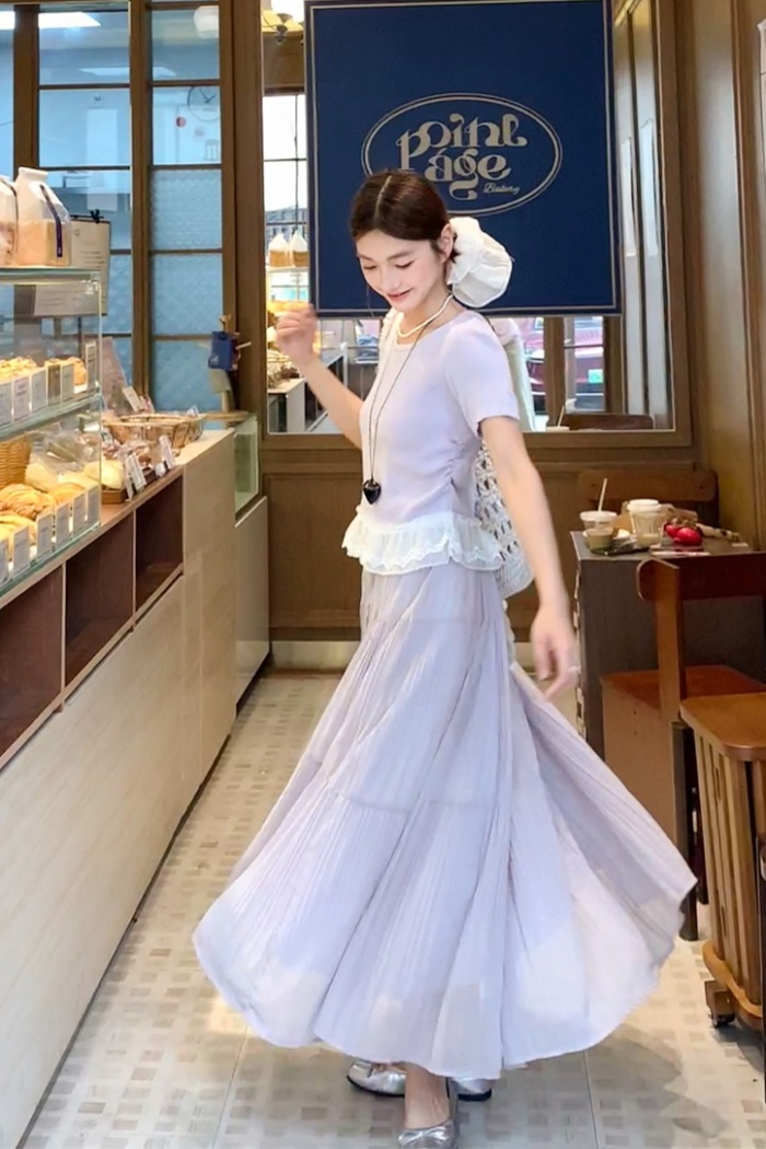 Splice niche lace skirt short sleeve purple T-shirt