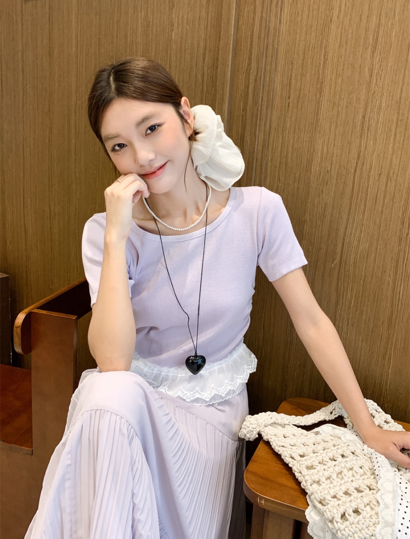 Splice niche lace skirt short sleeve purple T-shirt
