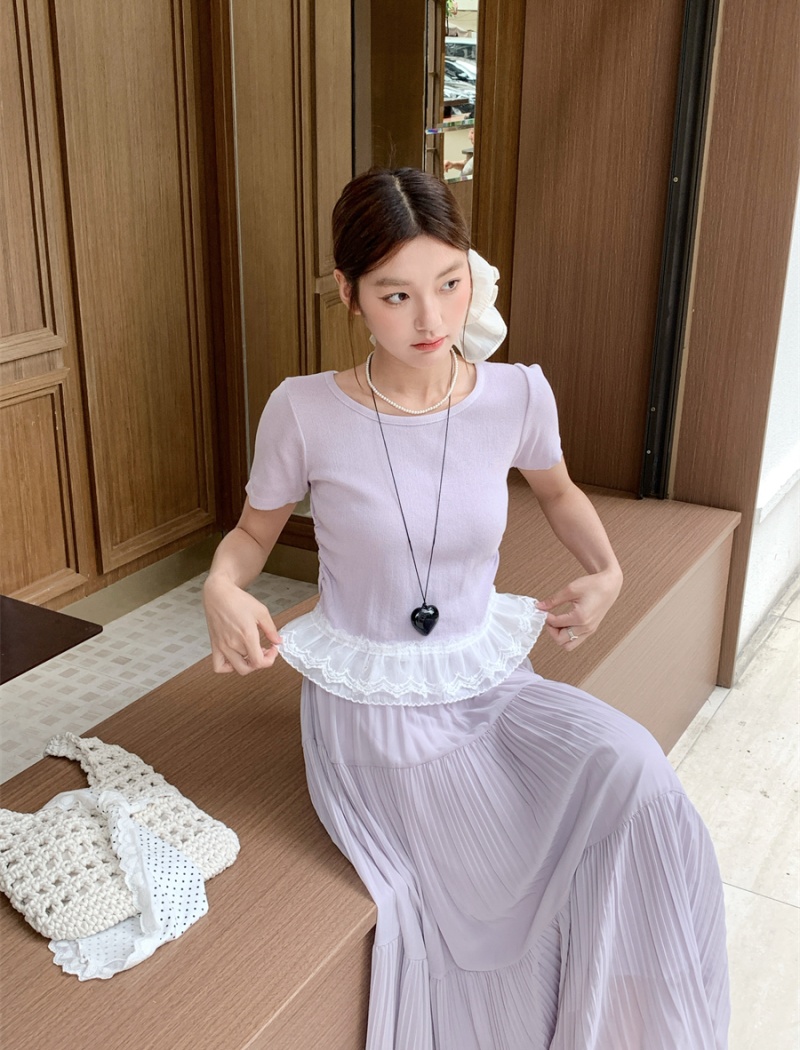 Splice niche lace skirt short sleeve purple T-shirt