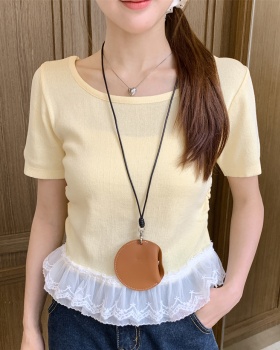 Summer show young lace tops splice niche round neck T-shirt