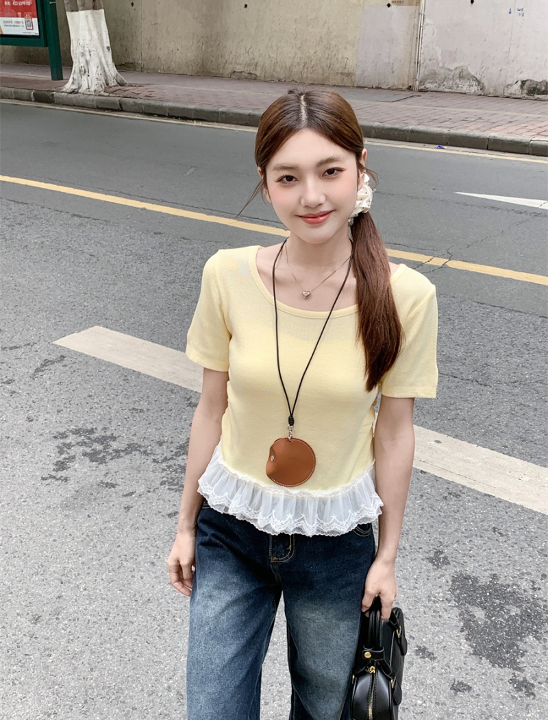 Summer show young lace tops splice niche round neck T-shirt