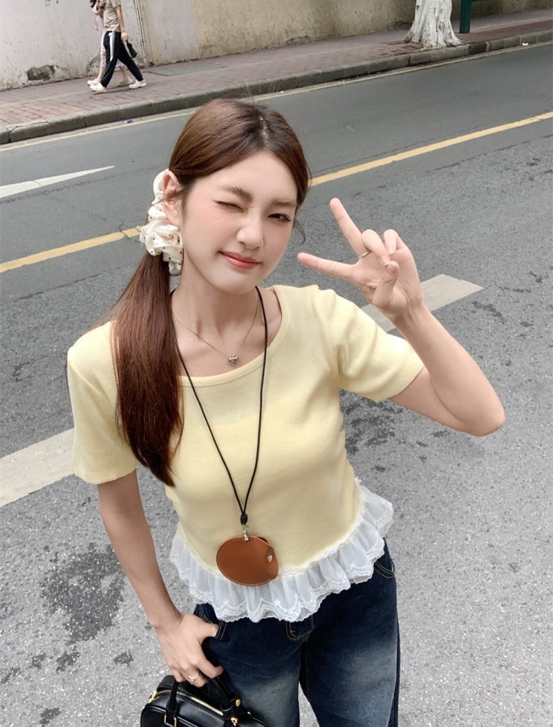 Summer show young lace tops splice niche round neck T-shirt