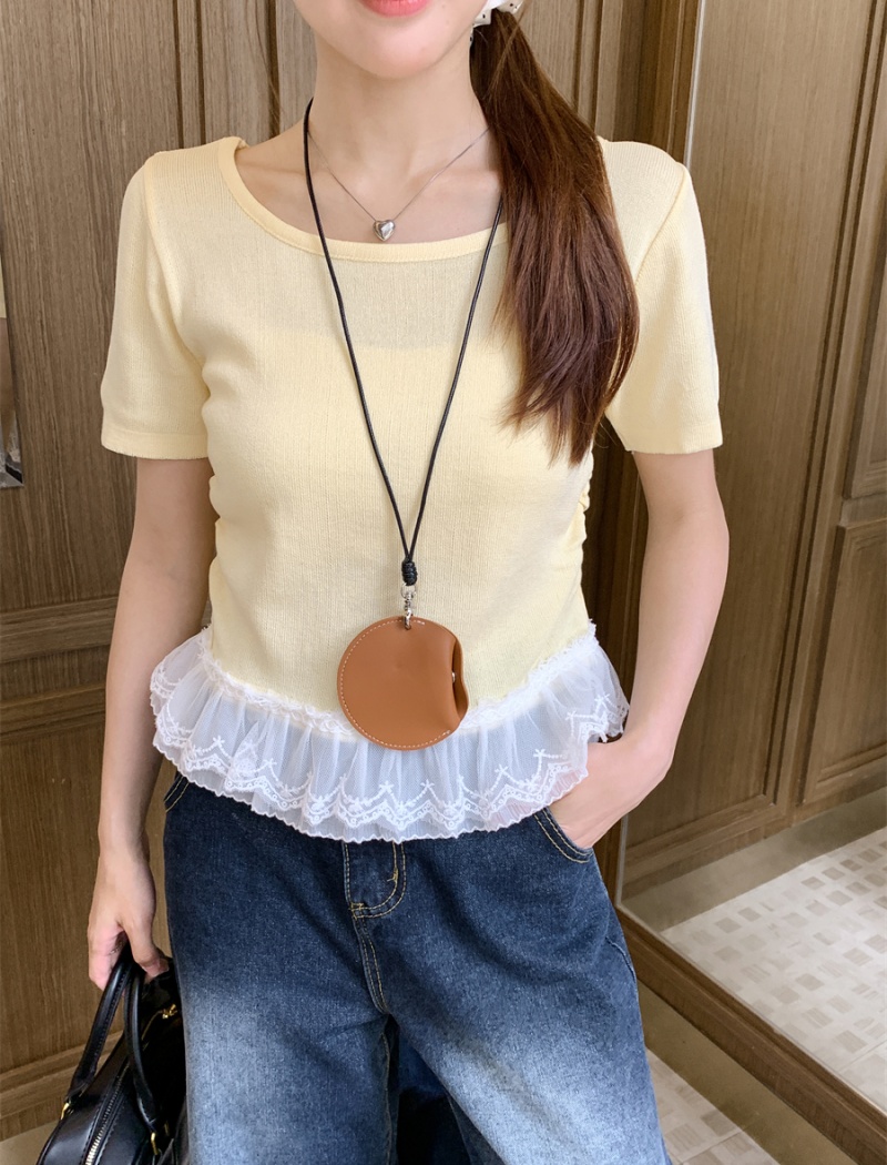 Summer show young lace tops splice niche round neck T-shirt