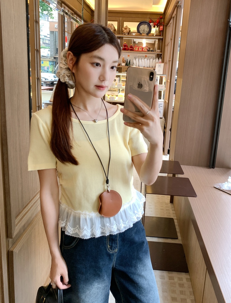Summer show young lace tops splice niche round neck T-shirt