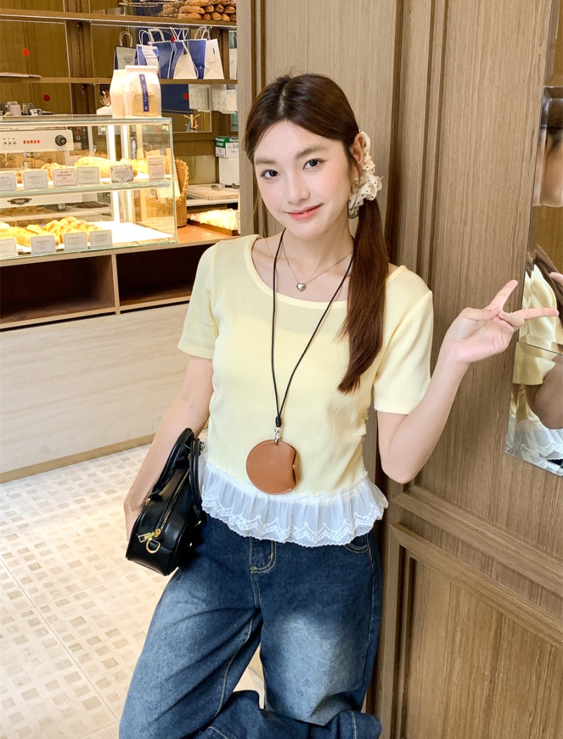 Summer show young lace tops splice niche round neck T-shirt