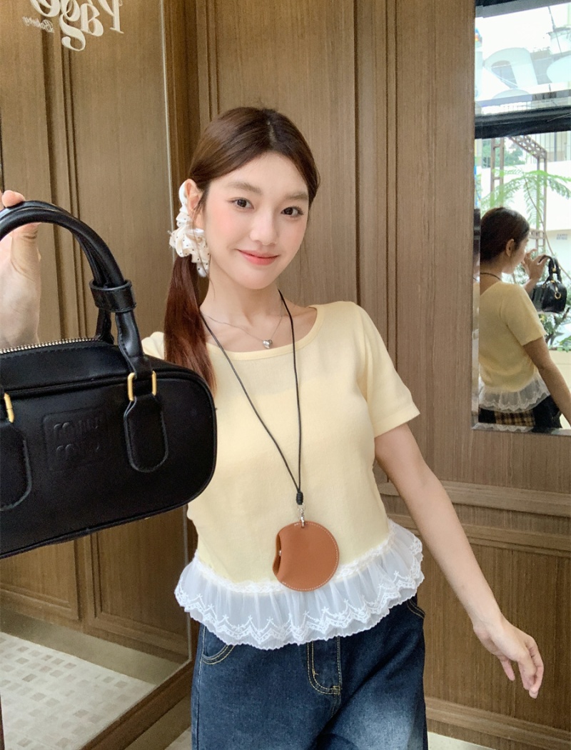Summer show young lace tops splice niche round neck T-shirt