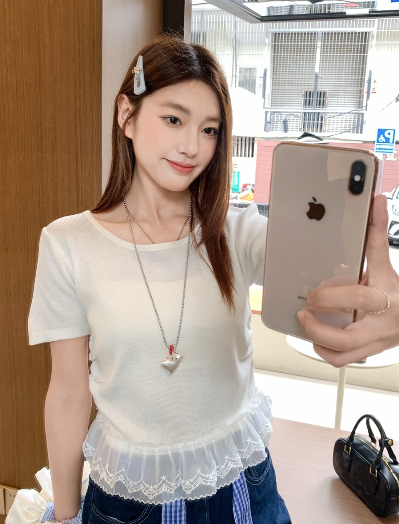 Round neck niche show young tops summer splice lace T-shirt