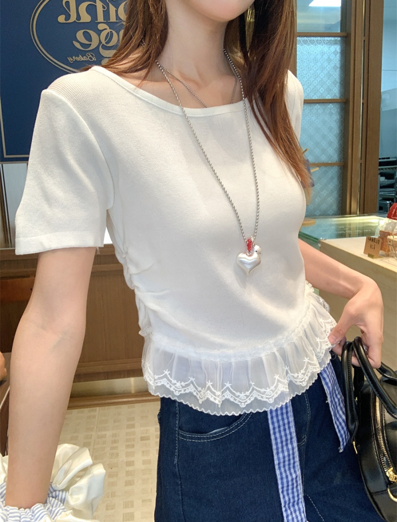 Round neck niche show young tops summer splice lace T-shirt
