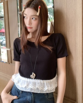 Lace splice round neck T-shirt short sleeve show young tops