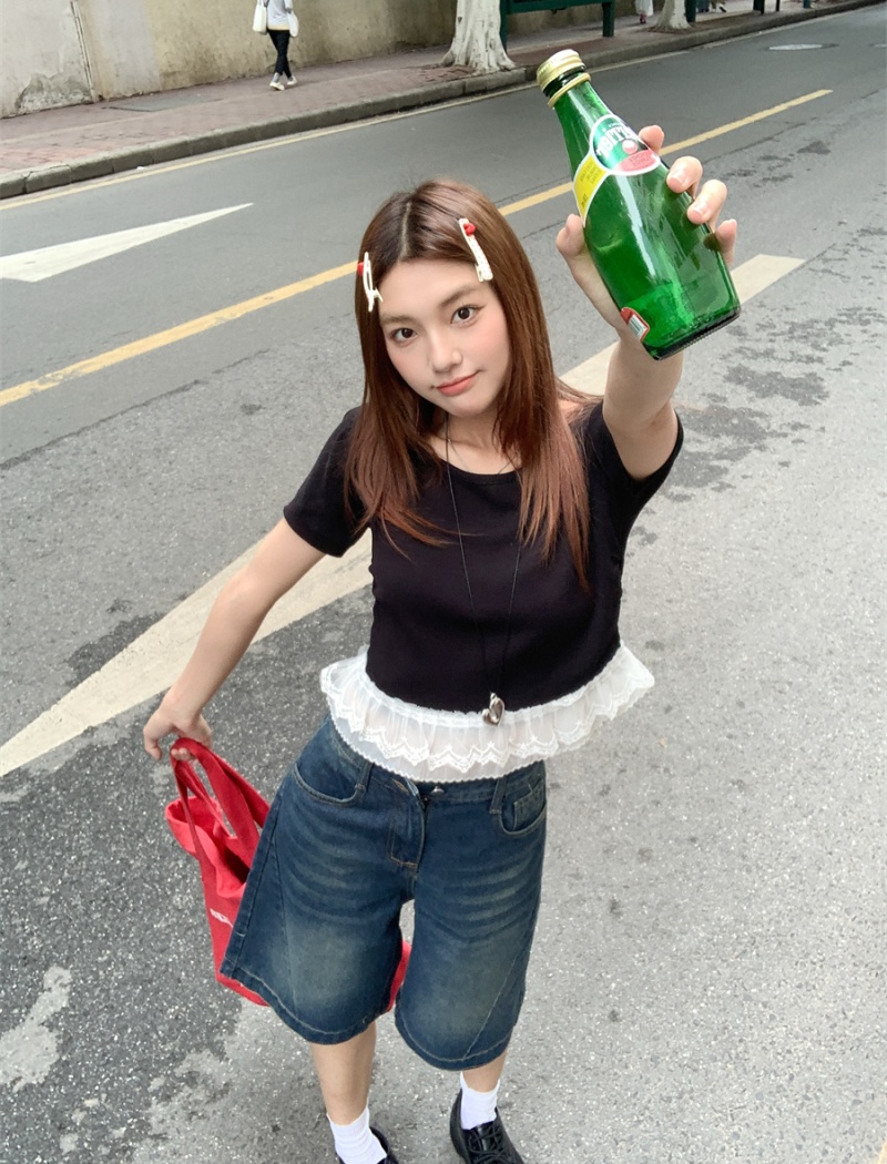Lace splice round neck T-shirt short sleeve show young tops