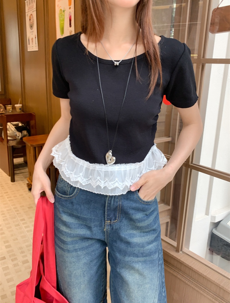Lace splice round neck T-shirt short sleeve show young tops