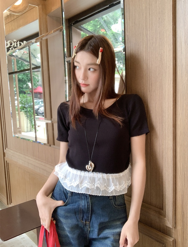 Lace splice round neck T-shirt short sleeve show young tops